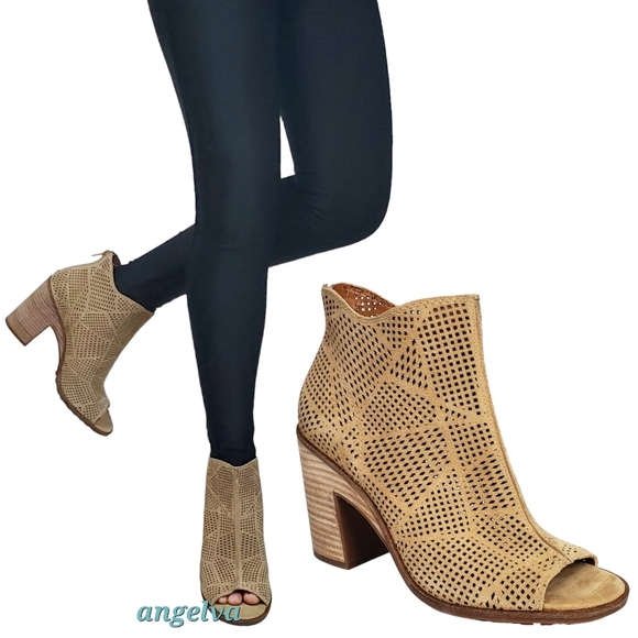 New Lucky brand vacob open toe chunky heel perforated suede ankle booties tan - Picture 1 of 13